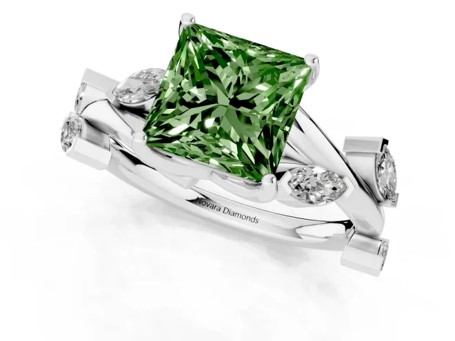 Fancy Green Princess Cut Diamond Solitaire Ring Set in White gold with Twisted Marquise Accent Band – second view