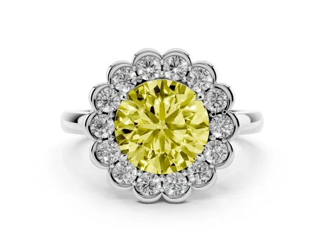 Round Scalloped Cluster Halo Engagement Ring Setting for a Fancy Yellow Lab-Grown Diamond | Plain Band | White Gold