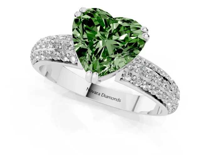 Fancy Green Heart Cut Diamond Solitaire Ring Set in Silver with Multi-Row Round Pavé Band and Prong Setting – second view