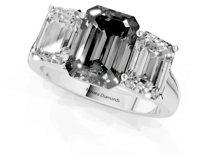Fancy Black Emerald Cut Diamond Three-Stone Ring Set in Silver with Plain Polished Band – second view