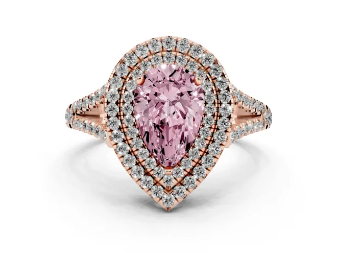 Fancy Pink Pear Cut Diamond Double Halo Ring Set in Rose gold with Pavé Band
