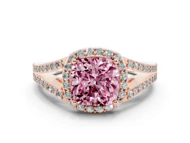 Cushion Cut Split Shank Halo Engagement Ring Setting for a Fancy Pink Lab-Grown Diamond | Rose Gold