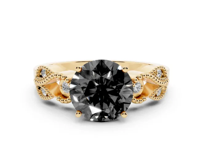 Round Vintage Leaf Solitaire Engagement Ring Setting for a Black Center | Yellow Gold