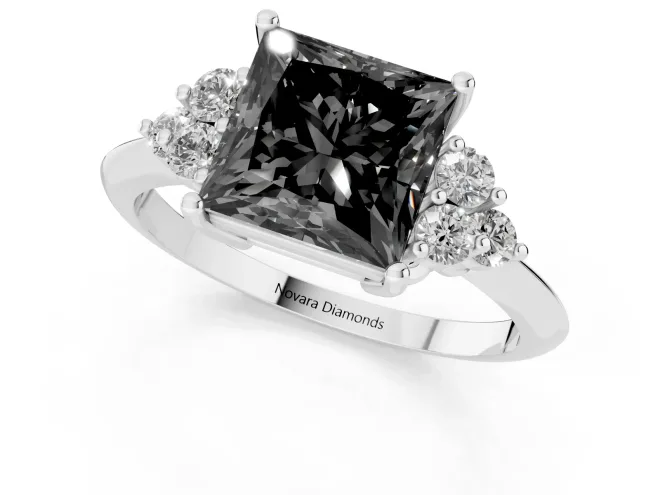 Fancy Black Princess Cut Diamond Cluster Ring Set in White gold with Plain Band and Prong Setting – second view