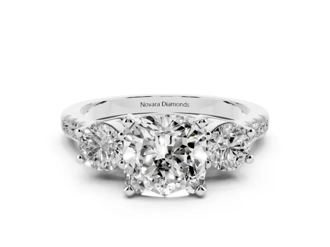 Cushion Cut Three-Stone Pavé Engagement Ring Setting | Round Side Stones | Platinum