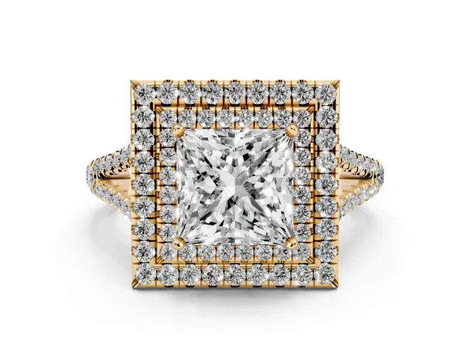 Princess Cut Diamond Double Halo Ring Set in Yellow gold with Pavé Band