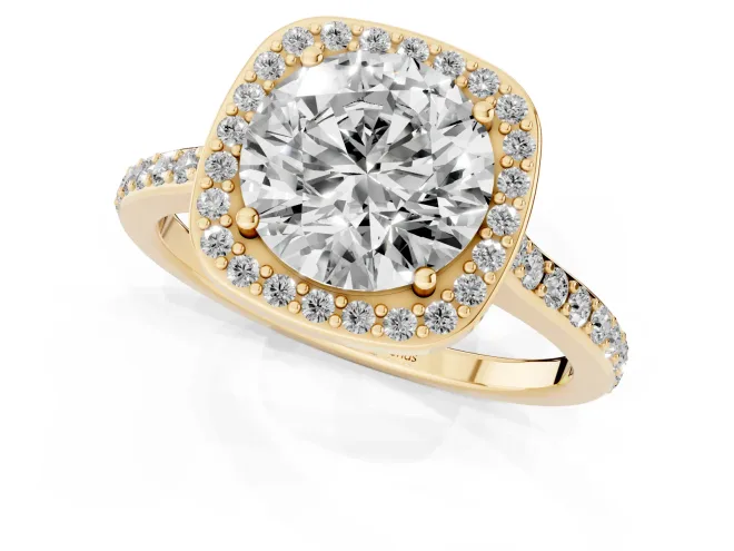 Round Cut Diamond Halo Engagement Ring Set in Yellow gold with Round Pavé Shoulders and Heart Gallery – second view