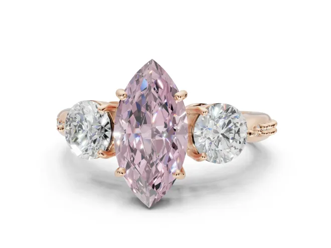 Marquise Three Stone Engagement Ring Setting for a Fancy Pink Lab-Grown Diamond | Tapered Pavé Band | Rose Gold