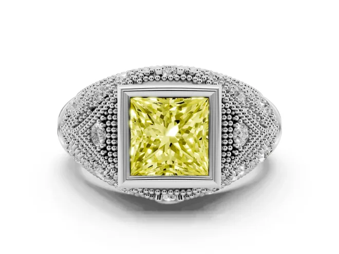 Fancy Yellow Princess Cut Diamond Bezel Ring Set in White gold with Milgrain Accent Band