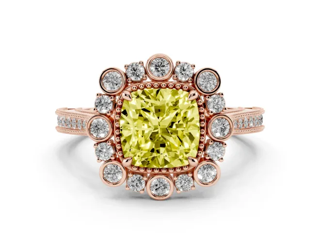 Cushion Cut Scalloped Halo Engagement Ring Setting for a Fancy Yellow Lab-Grown Diamond | Milgrain Edges | Rose Gold