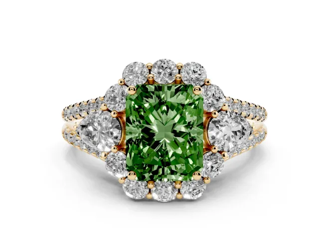 Radiant Cut Scalloped Halo Engagement Ring Setting for a Fancy Green Lab-Grown Diamond | Pear Side Stones | Yellow Gold