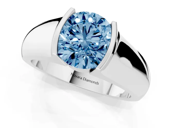 Fancy Blue Round Cut Diamond Bezel Solitaire Ring Set in Platinum with Wide Band – second view