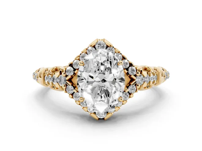 Oval Cut Diamond Solitaire Ring Set in Yellow gold with Hidden Halo and Pavé Band