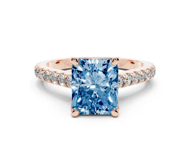Radiant Cut Hidden Halo Pavé Engagement Ring Setting for a Fancy Blue Lab-Grown Diamond | Claw Prongs | Rose Gold