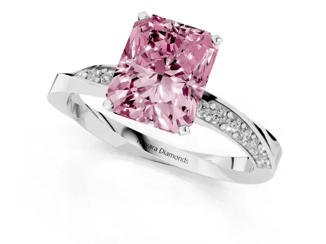 Fancy Pink Radiant Cut Diamond Engagement Ring Set in Platinum with Side Stone Accents and Prong Setting – second view