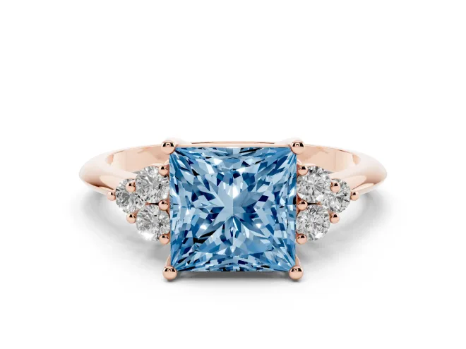 Fancy Blue Princess Cut Diamond Cluster Ring Set in Rose gold with Plain Band and Prong Setting