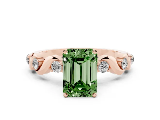 Emerald Cut Ribbon Twist Engagement Ring Setting for a Fancy Green Lab-Grown Diamond | Accented Shoulders | Rose Gold