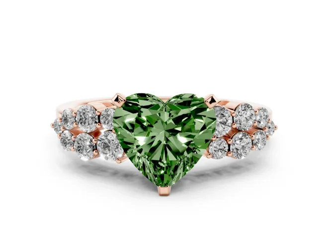Heart-Shaped Side Stone Engagement Ring Setting for a Fancy Green Lab-Grown Diamond | Shoulder Clusters | Rose Gold
