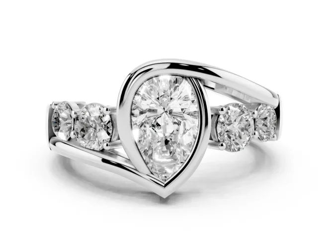 Pear Cut Diamond Bezel Bypass Ring Set in Platinum with Round Accents