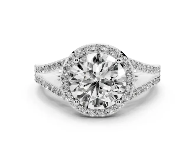 Round Halo Engagement Ring Setting | Pavé Split Shank | White Gold