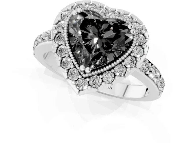 Fancy Black Heart Cut Diamond Halo Ring Set in Platinum with Pavé Shank and Prong Setting – second view