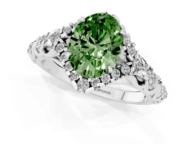 Fancy Green Oval Cut Diamond Solitaire Ring Set in Platinum with Hidden Halo and Pavé Band – second view