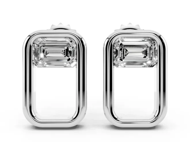 Emerald Cut Lab-Grown Diamond East-West Open Frame Stud Earrings | Polished Frame | Platinum