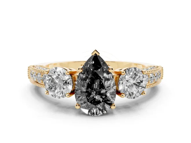 Pear-Shaped Vintage Three Stone Engagement Ring Setting for a Black Center | Graduated Milgrain Pavé | Yellow Gold