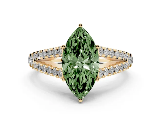 Fancy Green Marquise Cut Diamond Split Shank Pavé Engagement Ring Set in Yellow gold with Prong-Held Center Stone