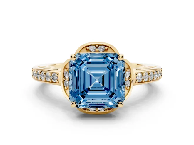 Asscher Cut Floral Pavé Engagement Ring Setting for a Fancy Blue Lab-Grown Diamond | Yellow Gold