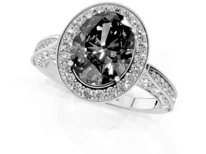Fancy Black Oval Cut Diamond Halo Engagement Ring Set in Platinum with Accent Split Shank Band – second view