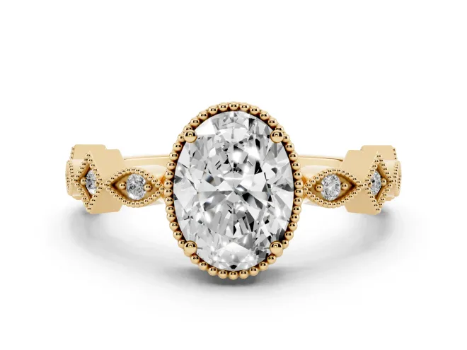Oval Milgrain Bezel Engagement Ring Setting | Geometric Station Band | Yellow Gold