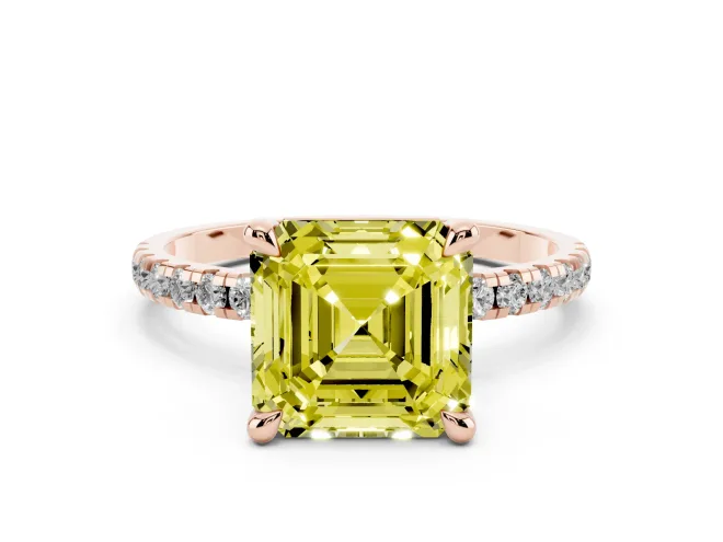 Fancy Yellow Asscher Cut Diamond Brilliant Solitaire Ring Set in Rose gold with Pavé Band and Prong Setting