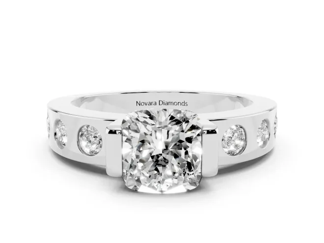 Cushion Cut Diamond Channel-Set Band Ring Set in White gold with Bezel Prong Setting