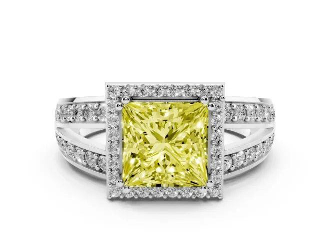 Princess Cut Halo Engagement Ring Setting for a Fancy Yellow Lab-Grown Diamond | Pave Split Shank | Sterling Silver