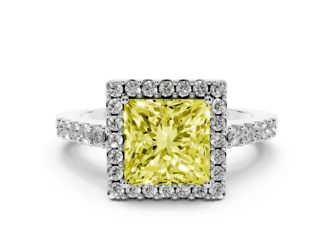 Princess Cut Halo Engagement Ring Setting for a Fancy Yellow Lab-Grown Diamond | Single Row Pavé Band | White Gold