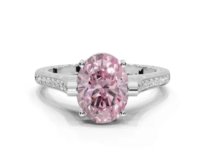 Oval Vintage Cathedral Engagement Ring Setting for a Fancy Pink Lab-Grown Diamond | Carved Band | White Gold