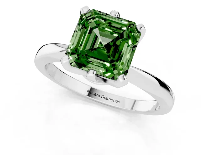 Fancy Green Asscher Cut Diamond Solitaire Engagement Ring Set in Silver with Slim Tapered Solitaire Band – second view