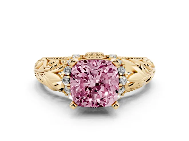 Cushion Cut Filigree Engagement Ring Setting for a Fancy Pink Lab-Grown Diamond | Yellow Gold