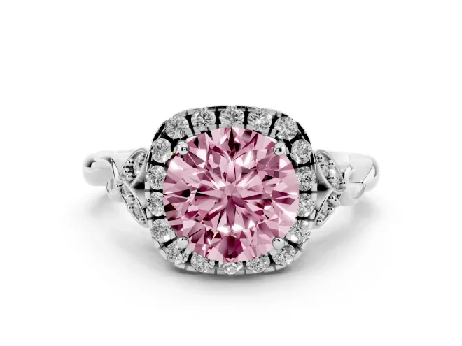 Round Vintage Halo Engagement Ring Setting for a Fancy Pink Lab-Grown Diamond | Sterling Silver