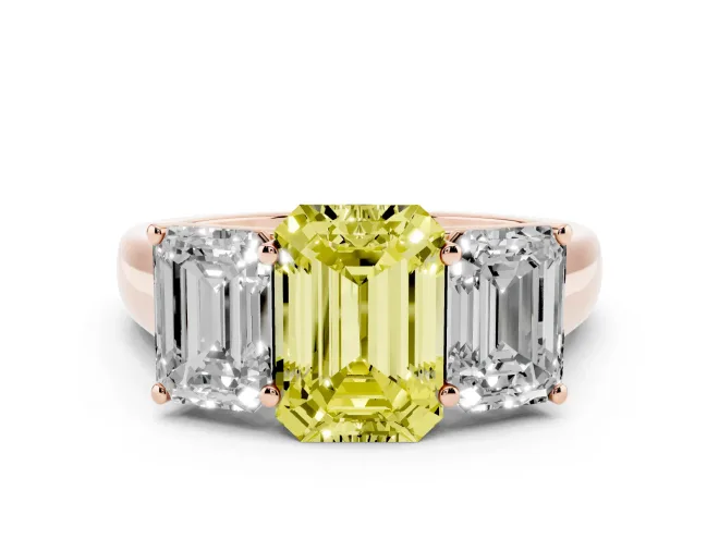 Emerald Cut Three Stone Engagement Ring Setting for a Fancy Yellow Lab-Grown Diamond | Basket Prong Heads | Rose Gold
