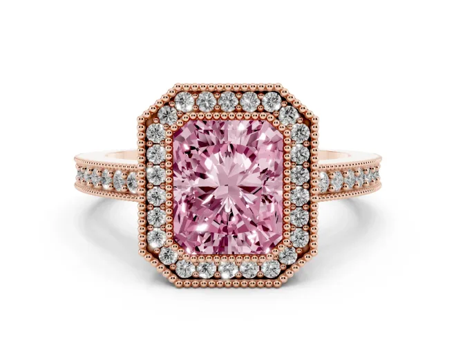 Fancy Pink Radiant Cut Diamond Halo Engagement Ring Set in Rose gold with Pavé Band and Round Halo Stones