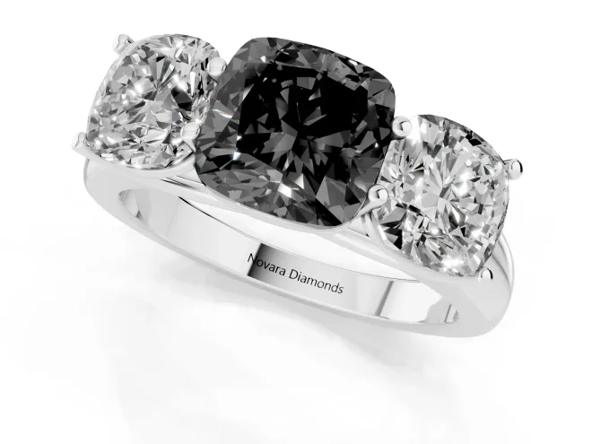 Fancy Black Cushion Cut Diamond Three-Stone Ring Set in Silver with Plain Polished Band – second view