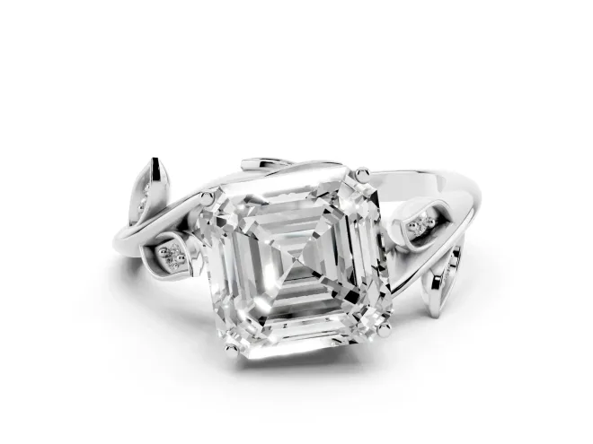Asscher Cut Diamond Solitaire Twist Engagement Ring Set in White gold with Pavé Leaf Accents