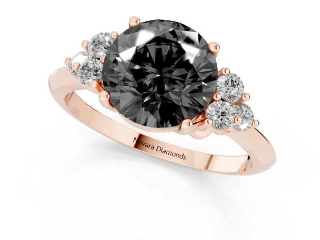 Fancy Black Round Cut Diamond Cluster Ring Set in Rose gold with Plain Band and Prong Setting – second view