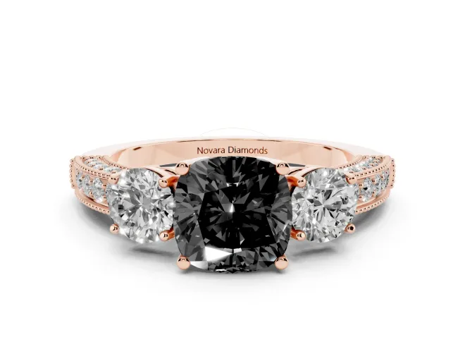 Fancy Black Cushion Cut Diamond Three-Stone Ring Set in Rose gold with Round Side Stones and Pavé Band