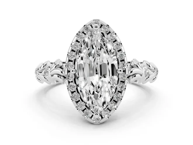 Marquise Filigree Leaf Halo Engagement Ring Setting | Bezel Leaf Accents | Sterling Silver