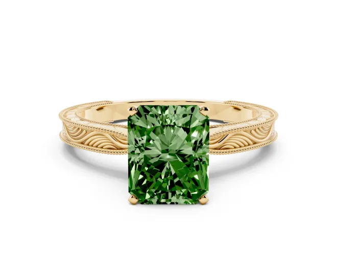 Radiant Cut Engraved Engagement Ring Setting for a Fancy Green Lab-Grown Diamond | Yellow Gold