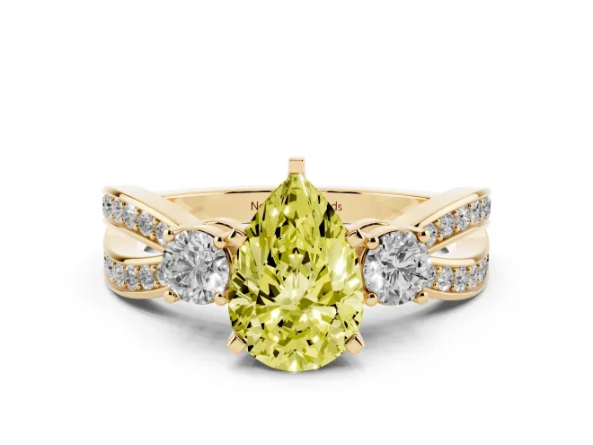Pear-Shaped Three-Stone Twist Engagement Ring Setting for a Fancy Yellow Lab-Grown Diamond | Yellow Gold
