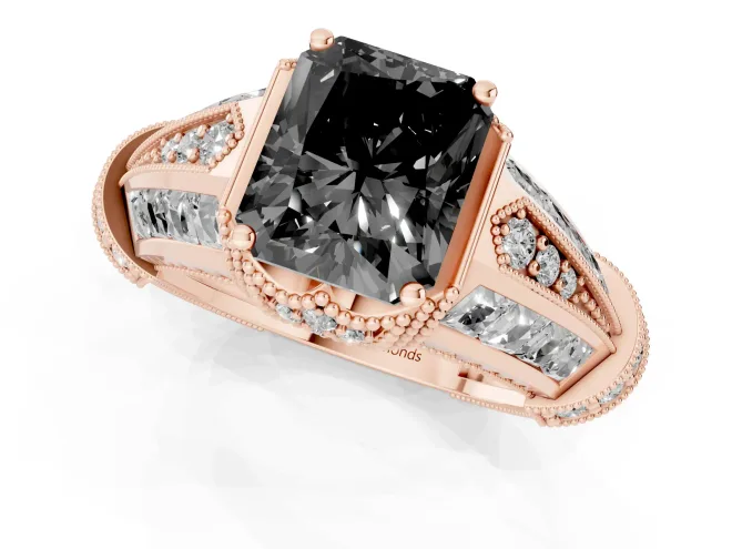 Fancy Black Radiant Cut Diamond Vintage-Inspired Milgrain Ring Set in Rose gold with Accent Split Shank – second view